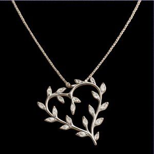 FAUX DIAMOND HEART NECKLACE -- Silver Chain, Heart Shaped, Silver Filigree Style